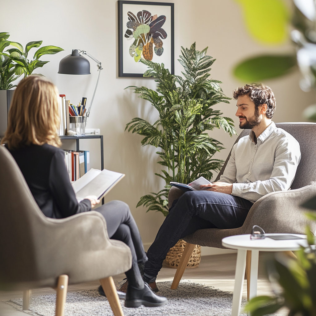 Seance de psychothérapie en ambiance apaisante Thérapeute et patient en séance de psychothérapie dans un bureau chaleureux, avec des plantes et des livres.