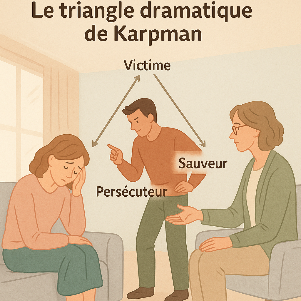 Illustration du triangle dramatique de Karpman avec les rôles de victime, persécuteur et sauveur