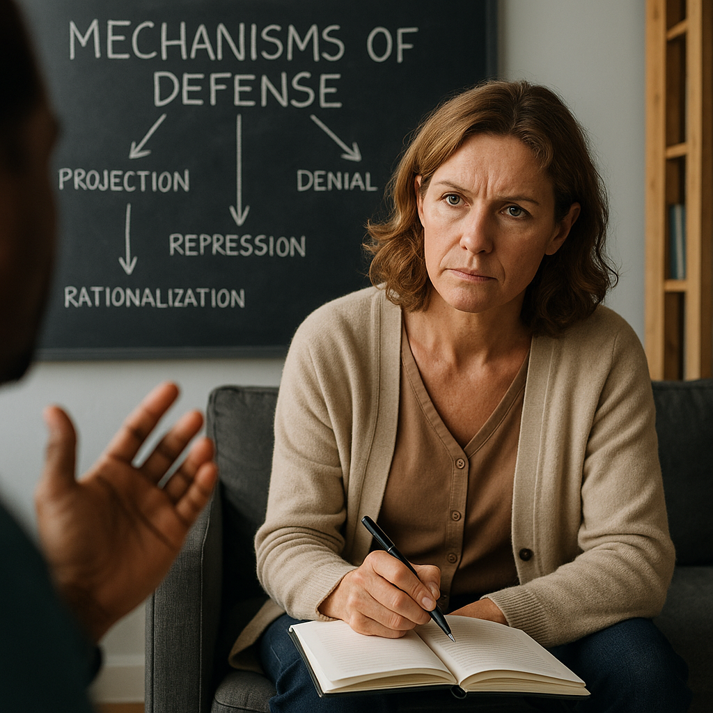 Une thérapeute écoute attentivement un client en séance, avec un tableau montrant les mécanismes de défense : projection, déni, répression, rationalisation.