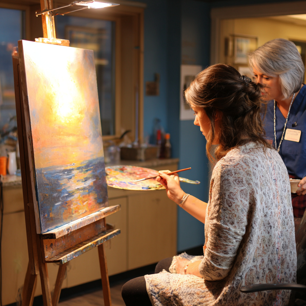 Séance d'art-thérapie, personne peignant dans un environnement thérapeutique chaleureux