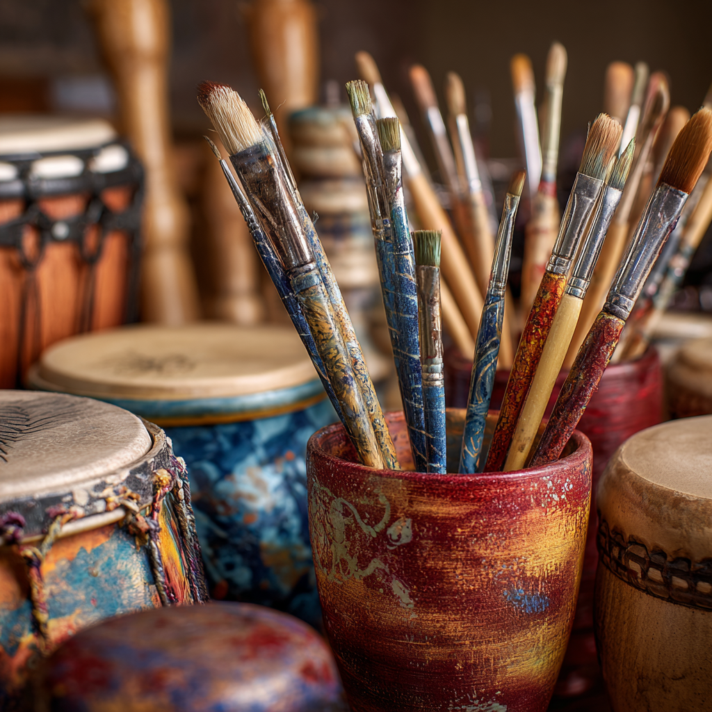 Compétences artistiques, pinceaux, modelage, instruments de musique