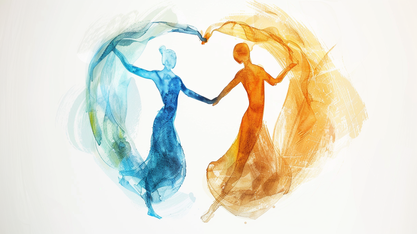 Deux figures dansant en harmonie symbolisant la transformation relationnelle